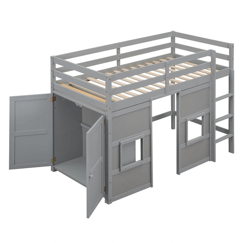 Lit mezzanine double en bois avec armoire de rangement intégrée et 2 fenêtres