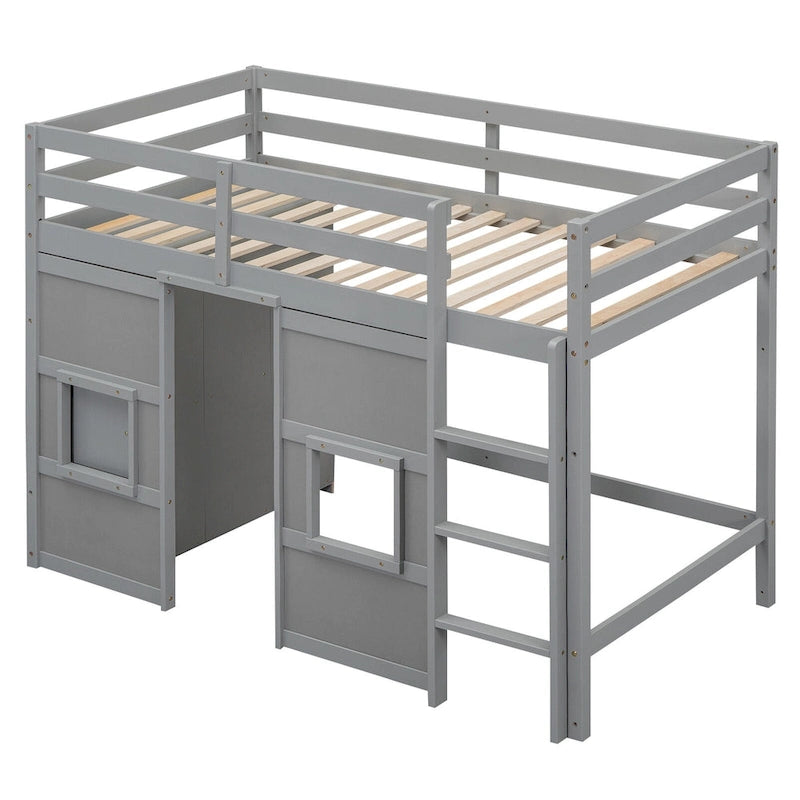 Lit mezzanine double en bois avec armoire de rangement intégrée et 2 fenêtres