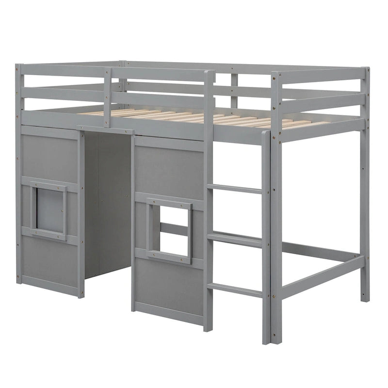 Lit mezzanine double en bois avec armoire de rangement intégrée et 2 fenêtres