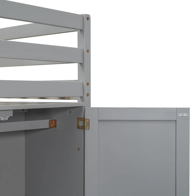 Lit mezzanine double en bois avec armoire de rangement intégrée et 2 fenêtres