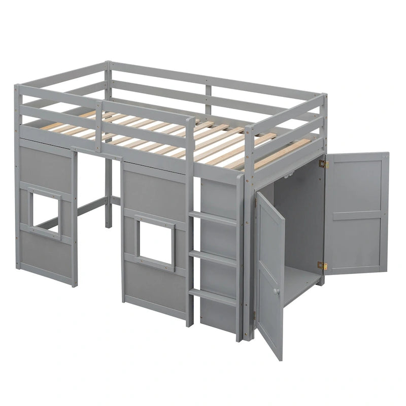 Lit mezzanine double en bois avec armoire de rangement intégrée et 2 fenêtres
