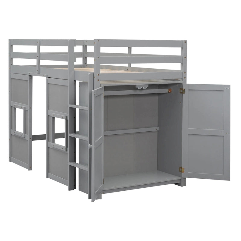 Lit mezzanine double en bois avec armoire de rangement intégrée et 2 fenêtres