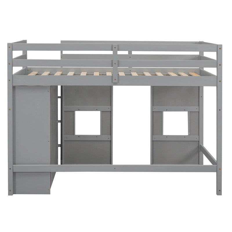 Lit mezzanine double en bois avec armoire de rangement intégrée et 2 fenêtres