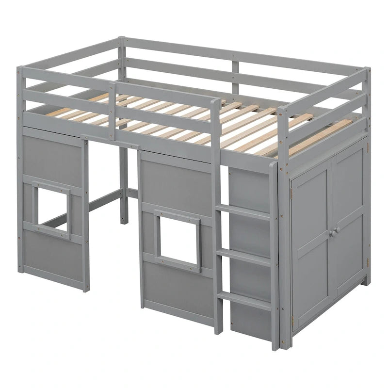 Lit mezzanine double en bois avec armoire de rangement intégrée et 2 fenêtres