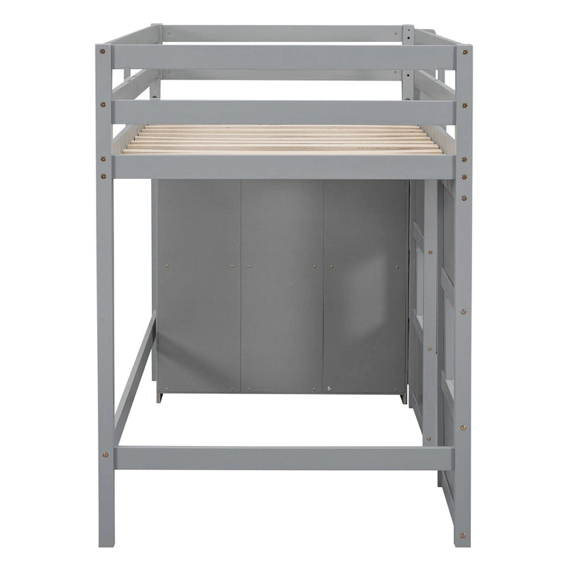 Lit mezzanine double en bois avec armoire de rangement intégrée et 2 fenêtres