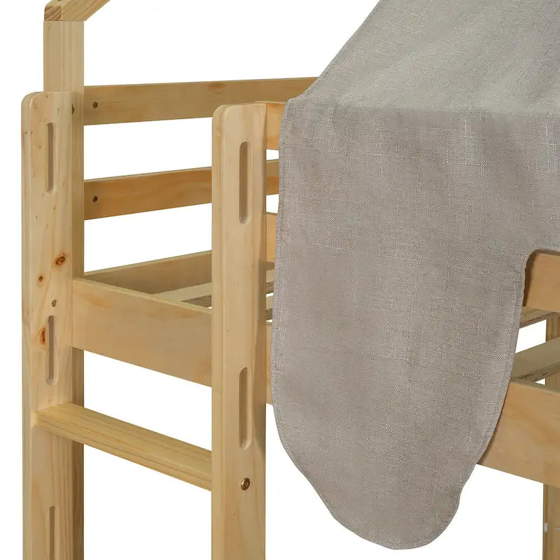 Full size Wooden Loft Bed House-shaped Frame with a Tent