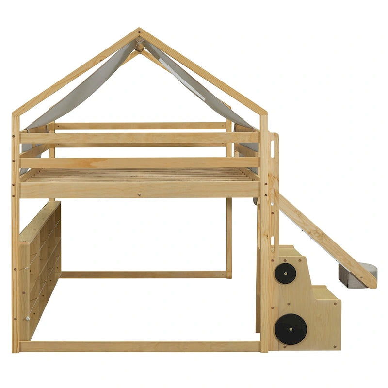 Lit mezzanine en bois pleine grandeur en forme de maison avec une tente