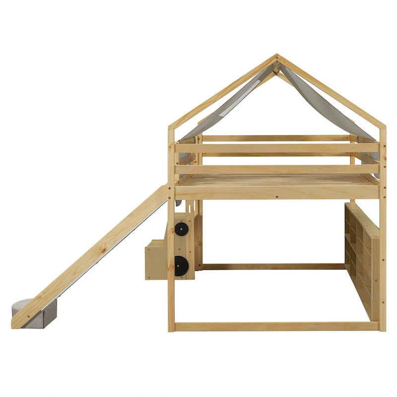 Lit mezzanine en bois pleine grandeur en forme de maison avec une tente