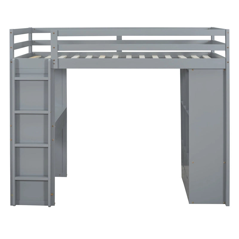 Lit mezzanine pleine taille avec grandes étagères, bureau et lumière LED