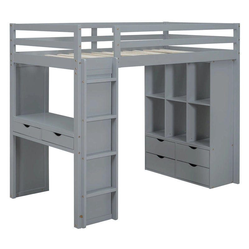 Lit mezzanine pleine taille avec grandes étagères, bureau et lumière LED
