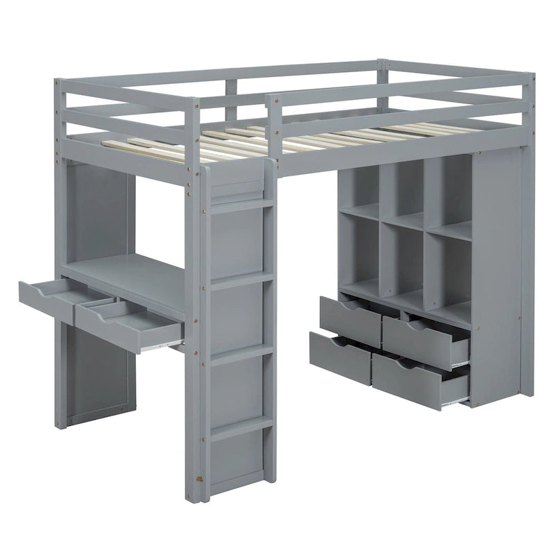 Lit mezzanine pleine taille avec grandes étagères, bureau et lumière LED