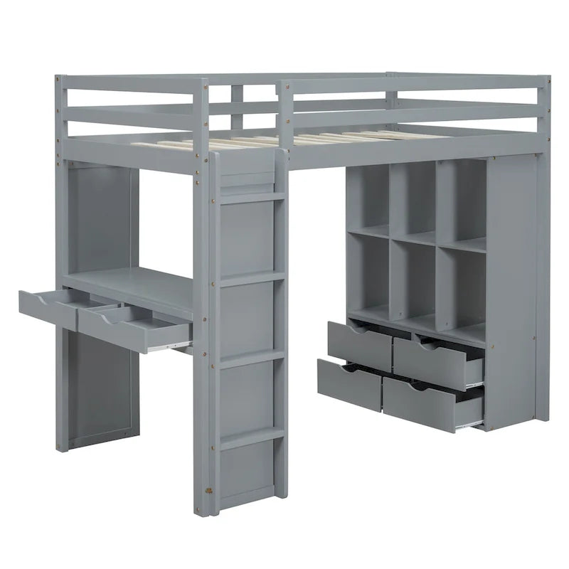 Lit mezzanine pleine taille avec grandes étagères, bureau et lumière LED