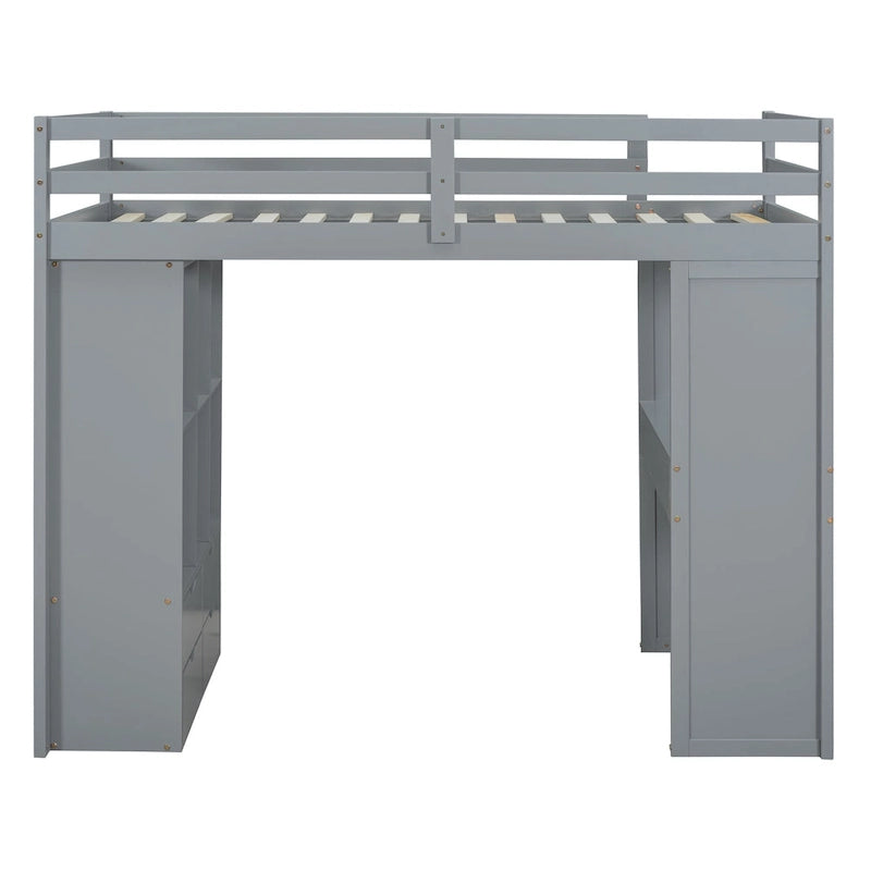 Lit mezzanine pleine taille avec grandes étagères, bureau et lumière LED