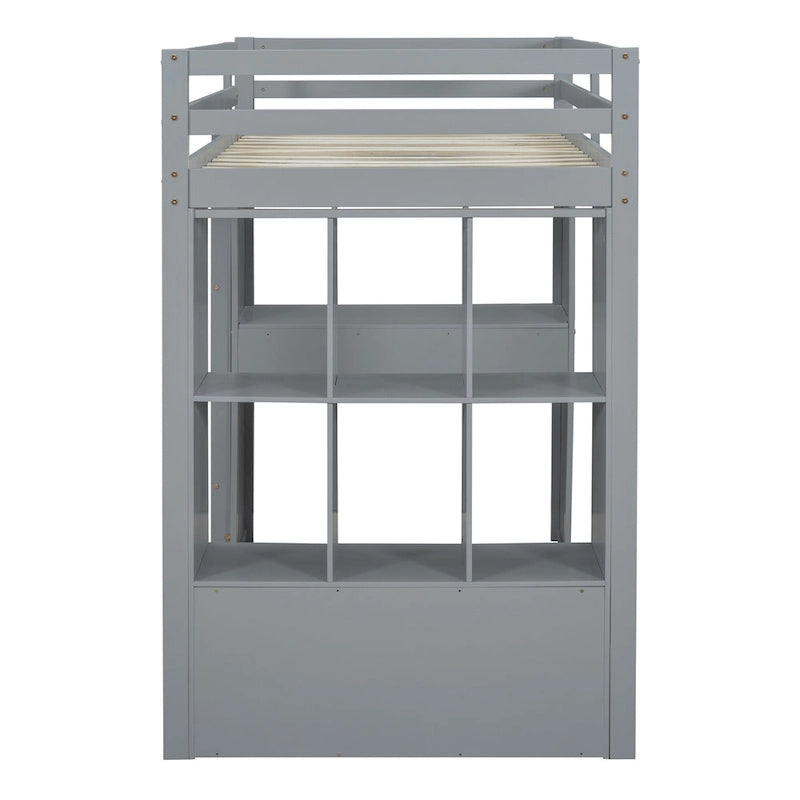Lit mezzanine pleine taille avec grandes étagères, bureau et lumière LED
