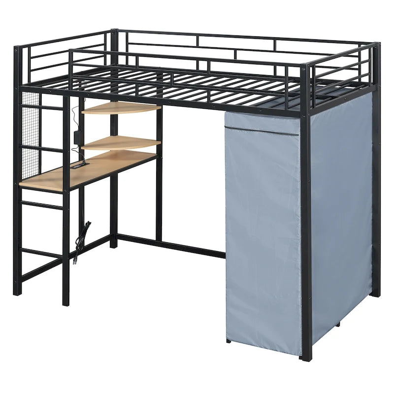 Lit mezzanine en métal pour lits jumeaux avec bureau, étagères, prise de courant, lumière LED et armoire