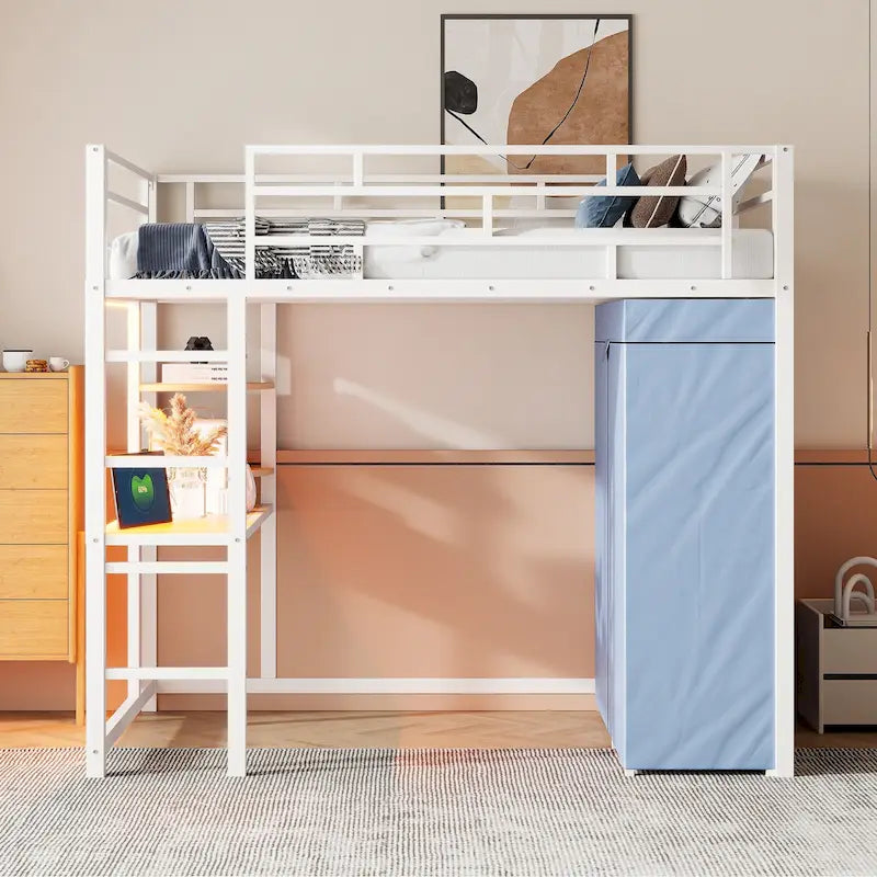 Lit mezzanine en métal pour lits jumeaux avec bureau, étagères, prise de courant, lumière LED et armoire
