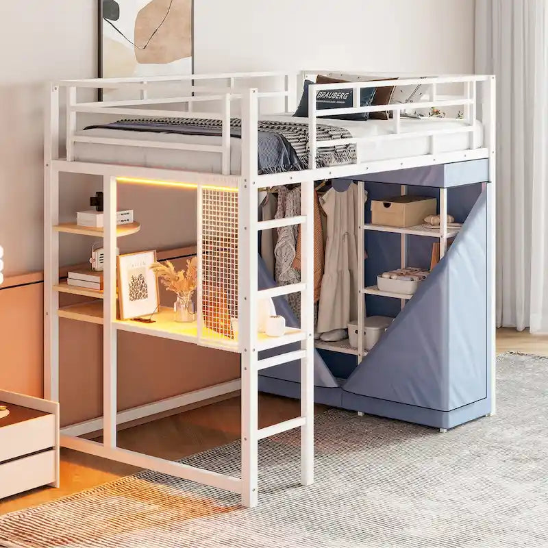 Twin Size Loft Metal Bed with Desk,Shelves,Power Outlet,LED Light and Wardrobe