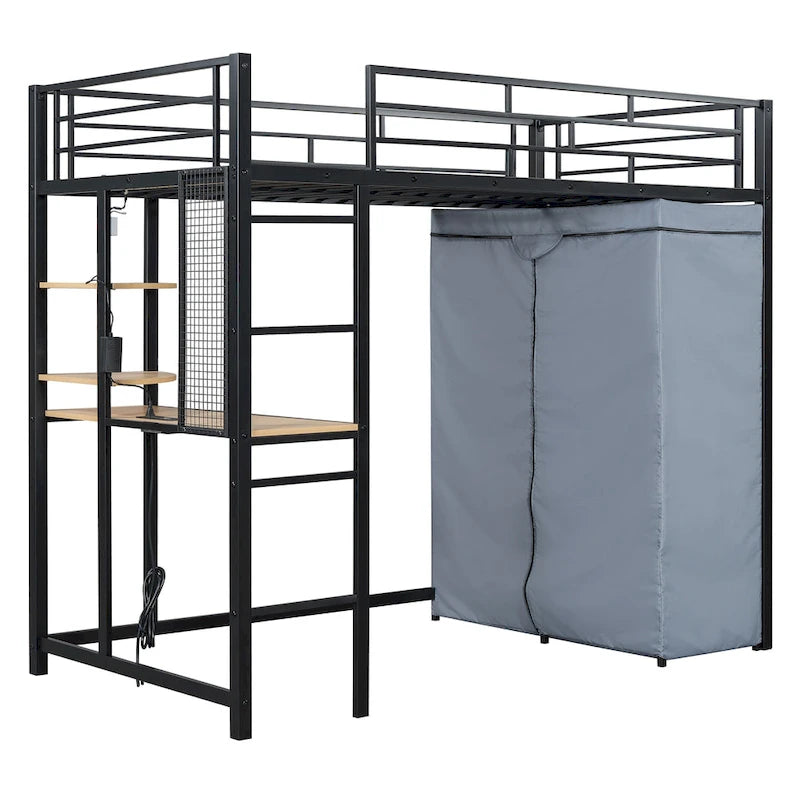 Lit mezzanine en métal pour lits jumeaux avec bureau, étagères, prise de courant, lumière LED et armoire