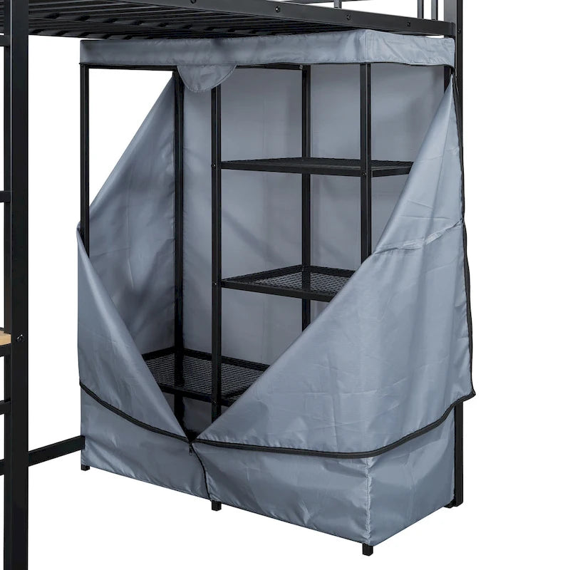 Lit mezzanine en métal pour lits jumeaux avec bureau, étagères, prise de courant, lumière LED et armoire