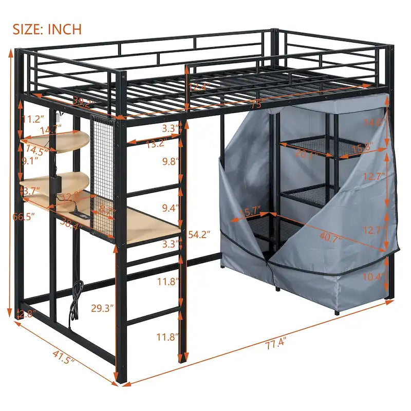 Lit mezzanine en métal pour lits jumeaux avec bureau, étagères, prise de courant, lumière LED et armoire