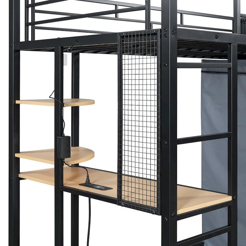 Lit mezzanine en métal pour lits jumeaux avec bureau, étagères, prise de courant, lumière LED et armoire