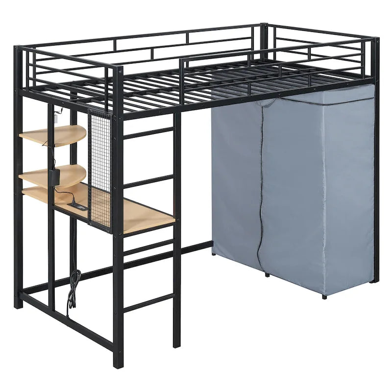 Lit mezzanine en métal pour lits jumeaux avec bureau, étagères, prise de courant, lumière LED et armoire