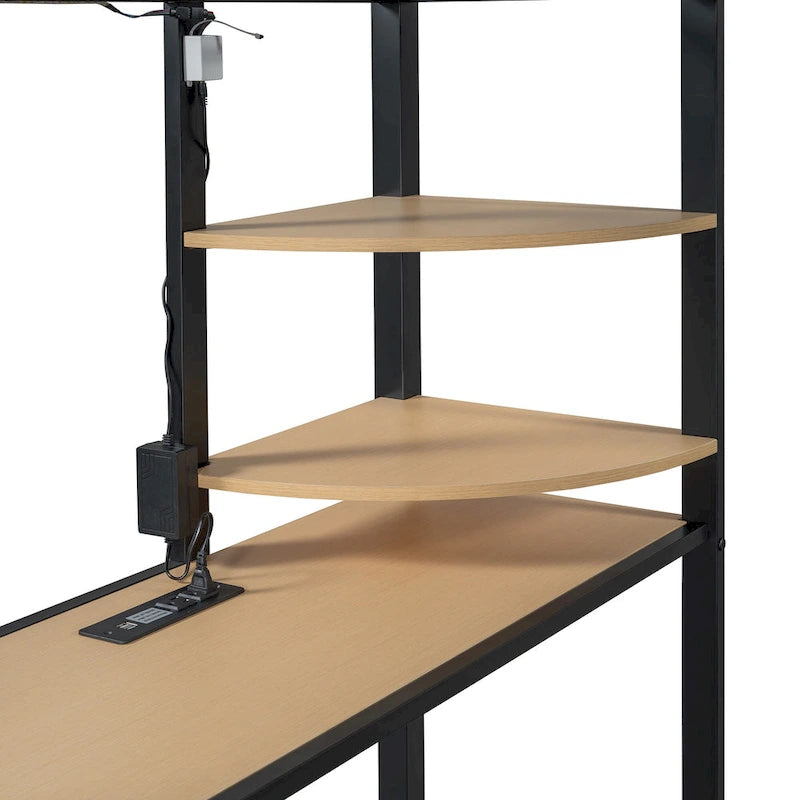 Lit mezzanine en métal pour lits jumeaux avec bureau, étagères, prise de courant, lumière LED et armoire