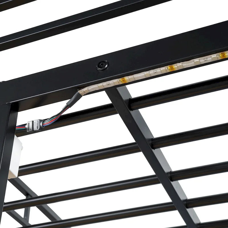 Lit mezzanine en métal pour lits jumeaux avec bureau, étagères, prise de courant, lumière LED et armoire