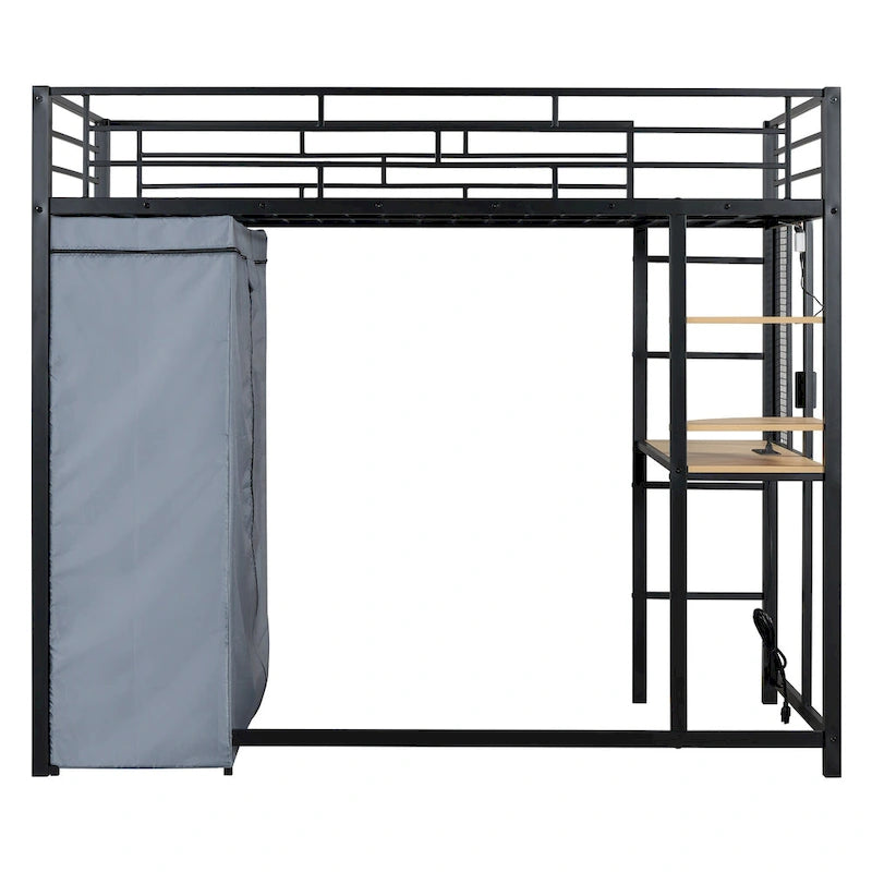 Lit mezzanine en métal pour lits jumeaux avec bureau, étagères, prise de courant, lumière LED et armoire