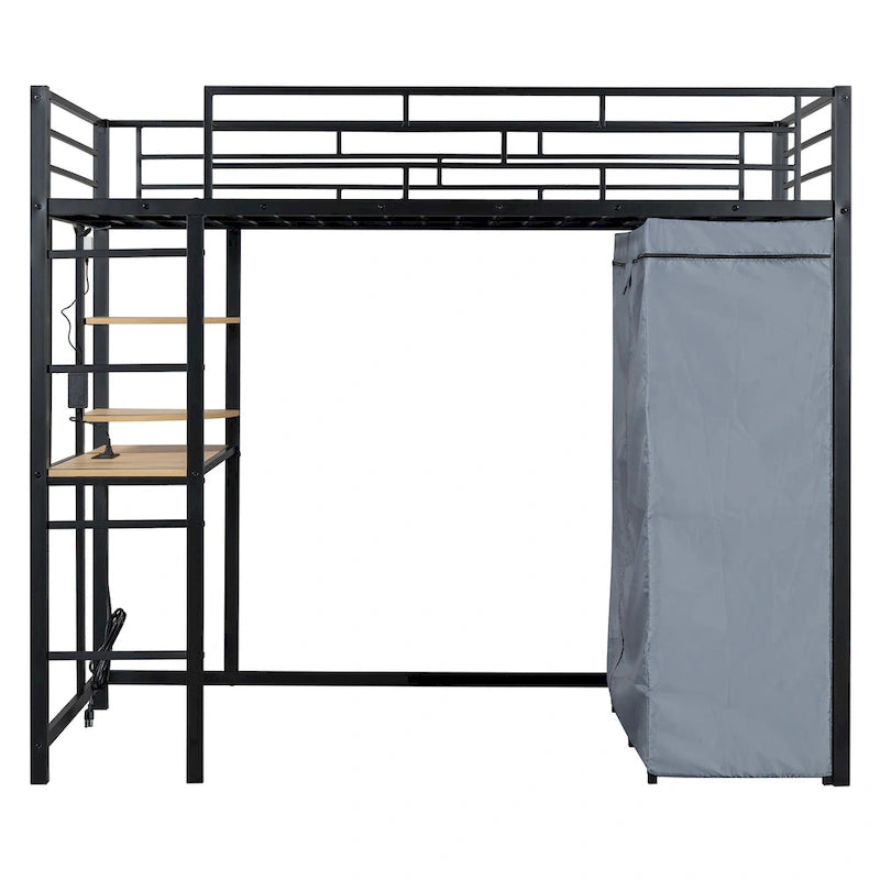 Lit mezzanine en métal pour lits jumeaux avec bureau, étagères, prise de courant, lumière LED et armoire