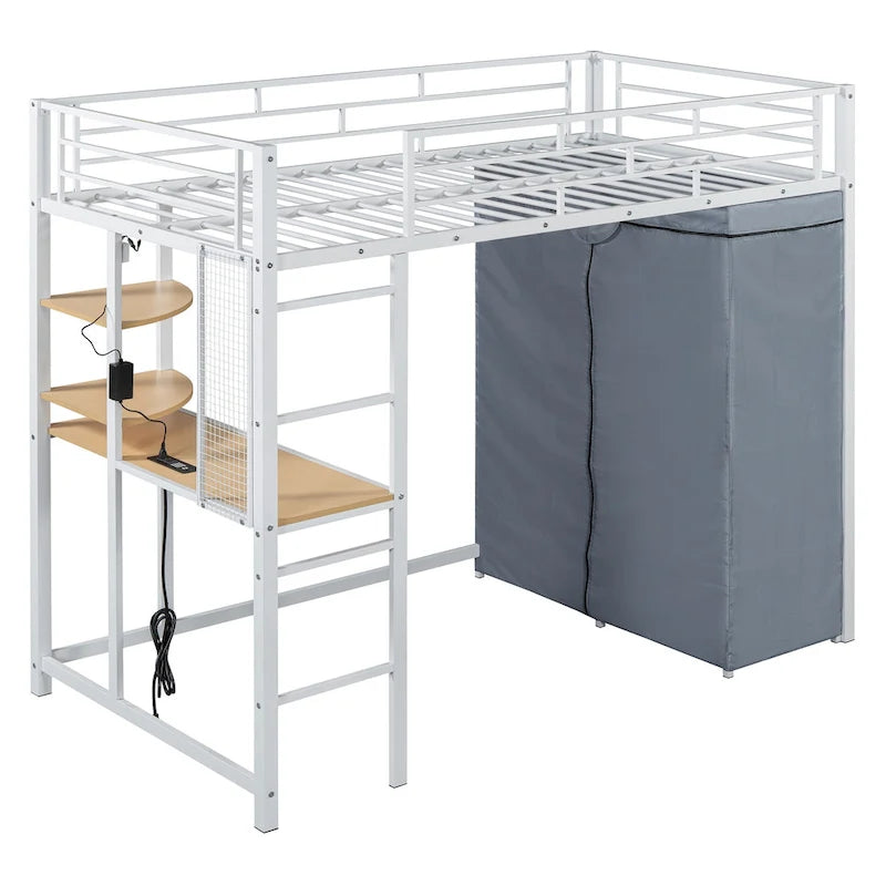 Lit mezzanine en métal pour lits jumeaux avec bureau, étagères, prise de courant, lumière LED et armoire