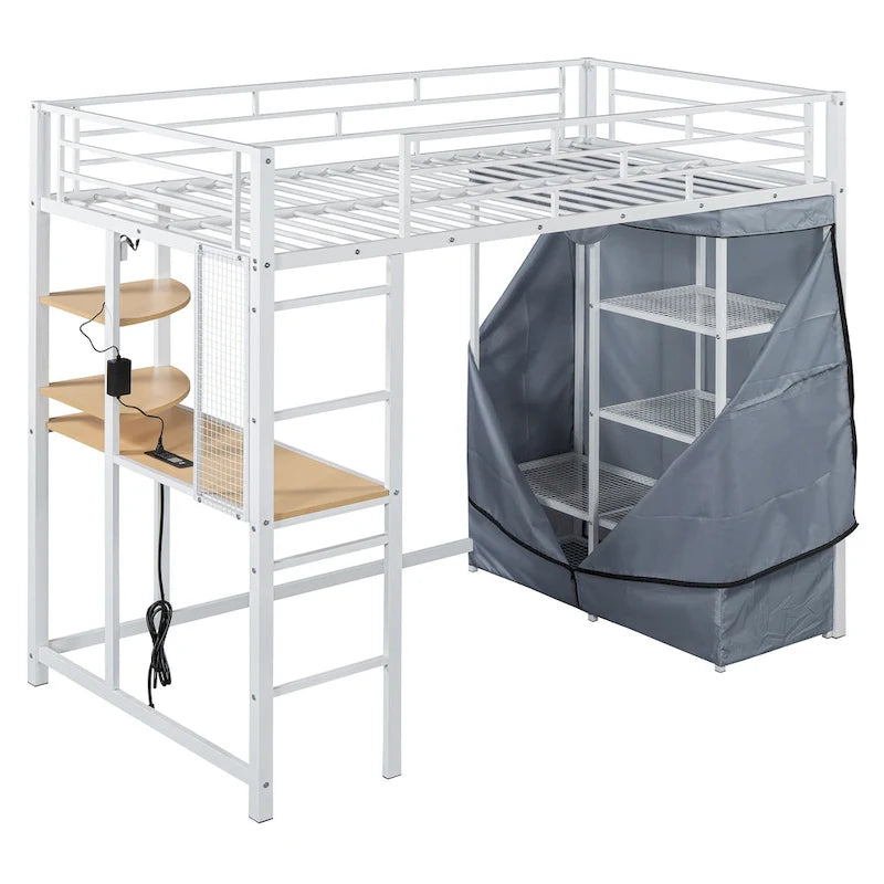 Lit mezzanine en métal pour lits jumeaux avec bureau, étagères, prise de courant, lumière LED et armoire