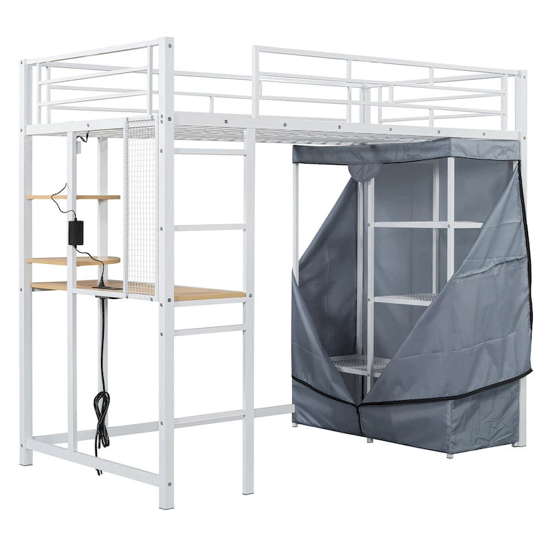 Lit mezzanine en métal pour lits jumeaux avec bureau, étagères, prise de courant, lumière LED et armoire