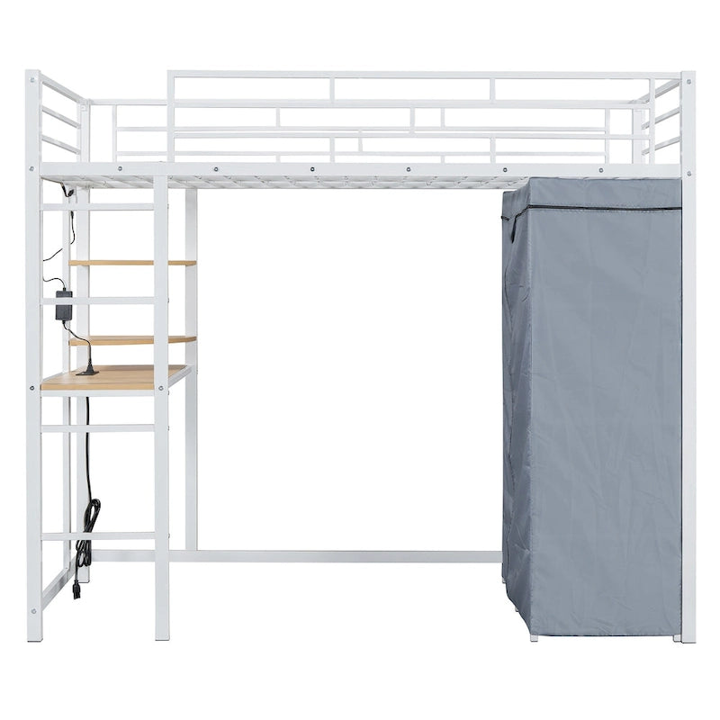 Lit mezzanine en métal pour lits jumeaux avec bureau, étagères, prise de courant, lumière LED et armoire