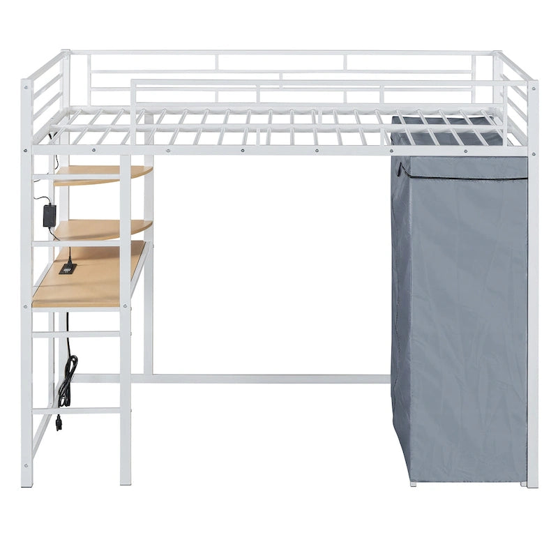 Lit mezzanine en métal pour lits jumeaux avec bureau, étagères, prise de courant, lumière LED et armoire
