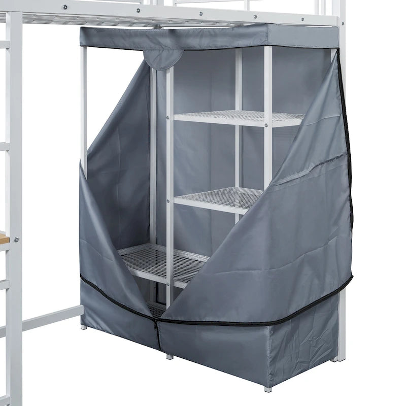 Lit mezzanine en métal pour lits jumeaux avec bureau, étagères, prise de courant, lumière LED et armoire