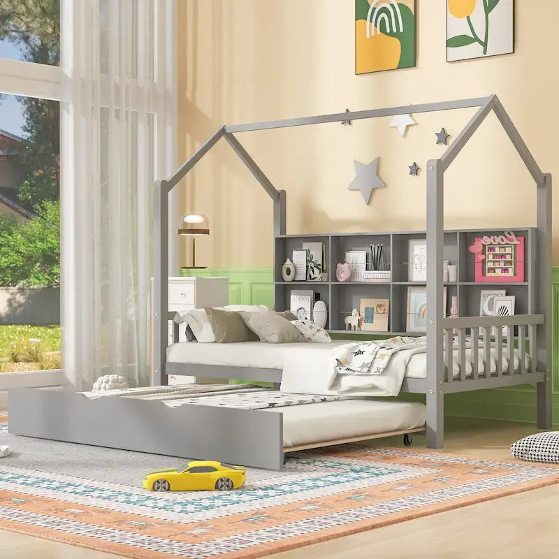 Lit cabane en bois double avec lit gigogne, lit enfant avec étagère