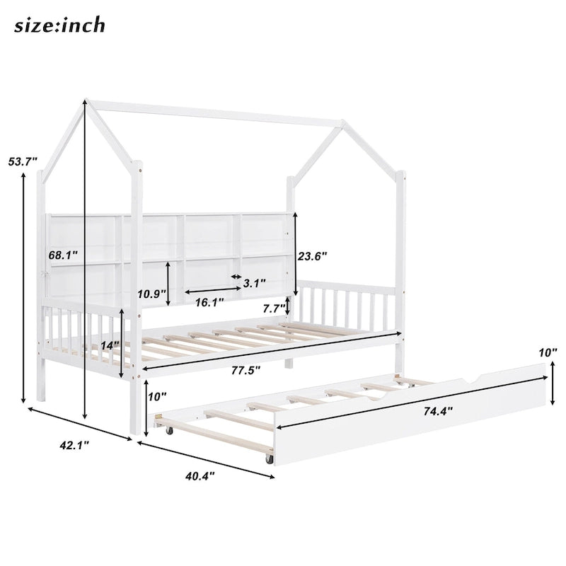 Lit cabane en bois double avec lit gigogne, lit enfant avec étagère