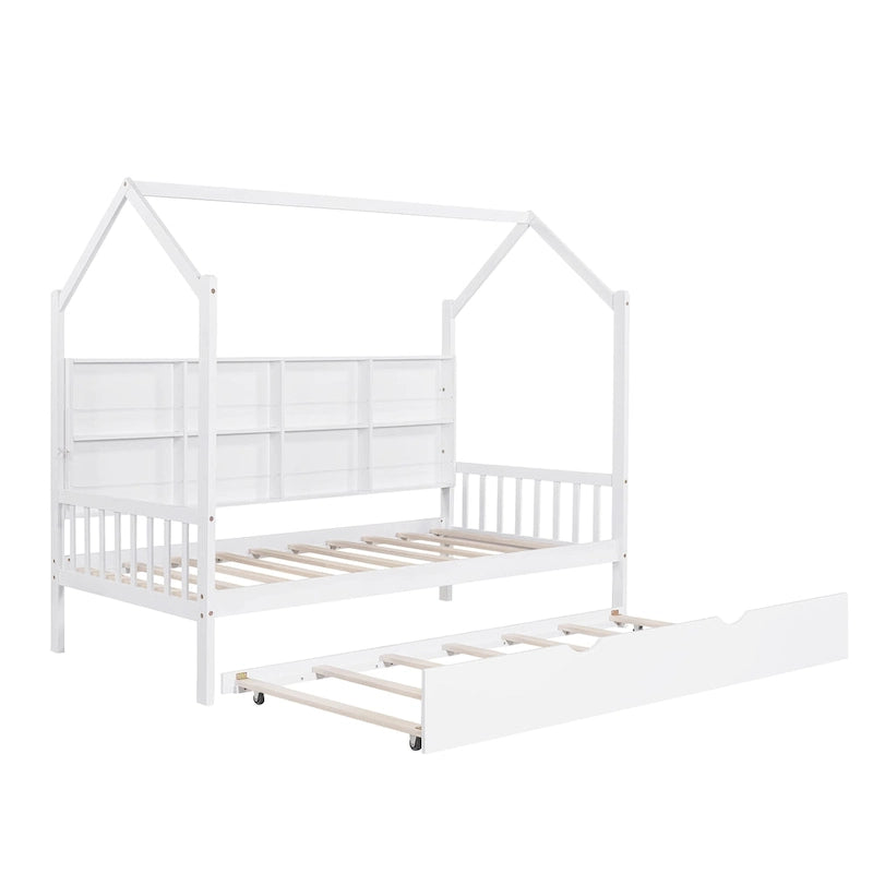 Lit cabane en bois double avec lit gigogne, lit enfant avec étagère