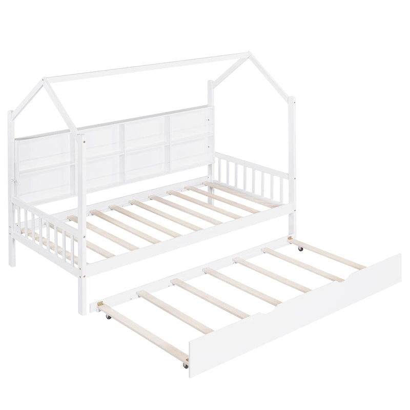 Lit cabane en bois double avec lit gigogne, lit enfant avec étagère