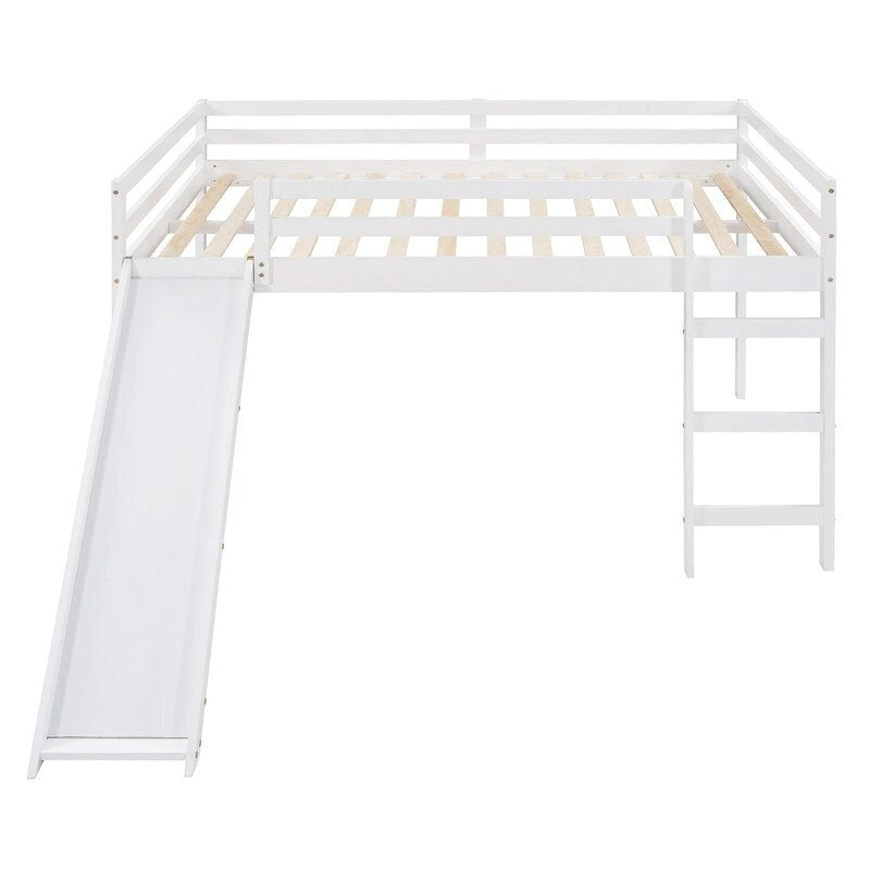 Kids Loft Bed with Slide, Full Size, Wood Low Loftbed Frame with Ladder and Underneath Spacious Space, for Boys Girls