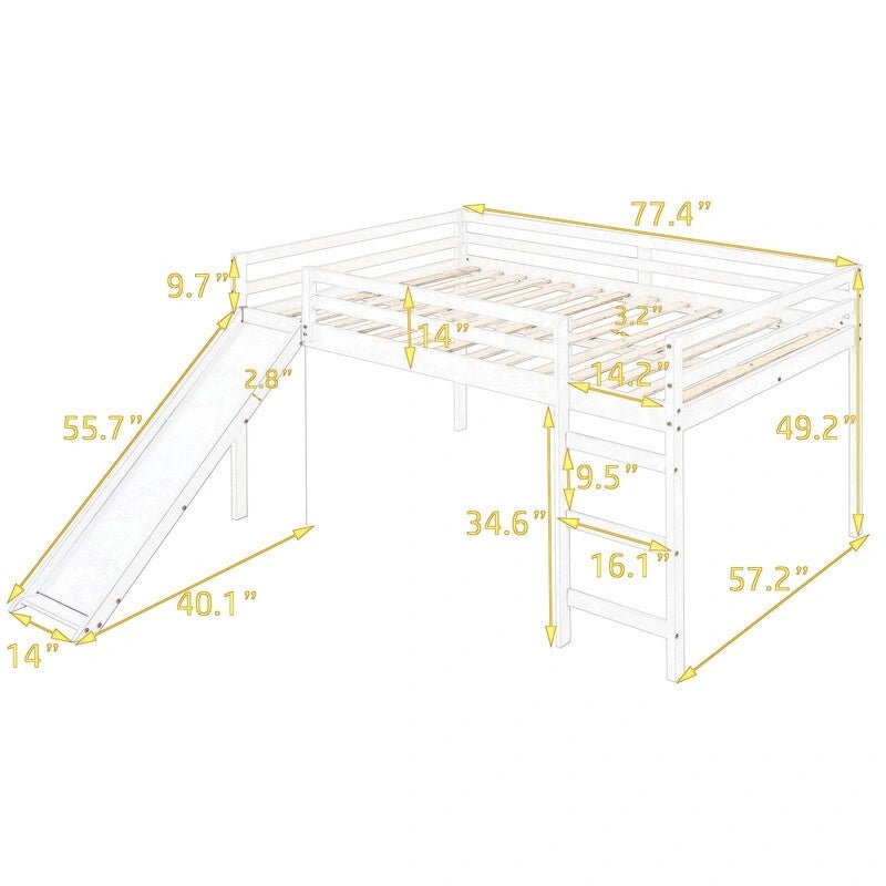 Lit mezzanine pour enfants avec toboggan, taille double, cadre de lit bas en bois avec échelle et espace spacieux en dessous, pour garçons et filles