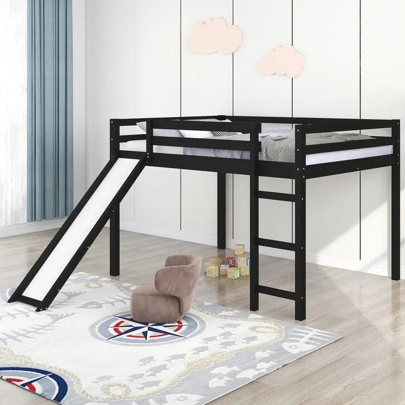 Lit mezzanine pour enfants avec toboggan, taille double, cadre de lit bas en bois avec échelle et espace spacieux en dessous, pour garçons et filles