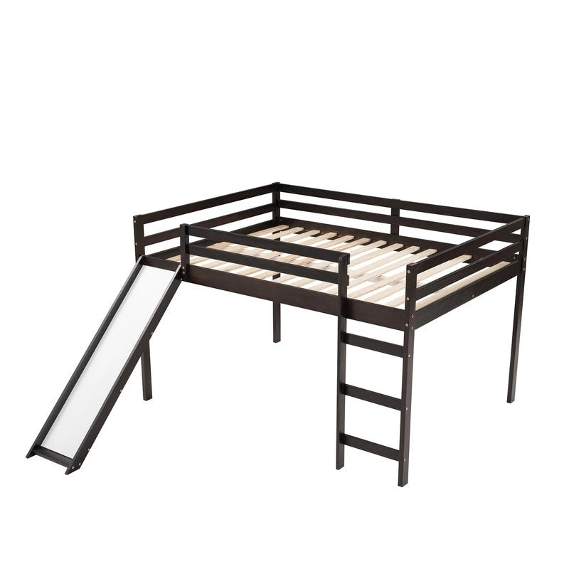 Lit mezzanine pour enfants avec toboggan, taille double, cadre de lit bas en bois avec échelle et espace spacieux en dessous, pour garçons et filles