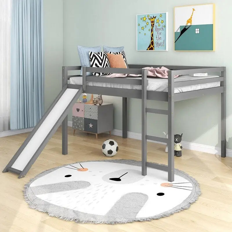 Lit mezzanine pour enfants avec toboggan, taille double, cadre de lit bas en bois avec échelle et espace spacieux en dessous, pour garçons et filles