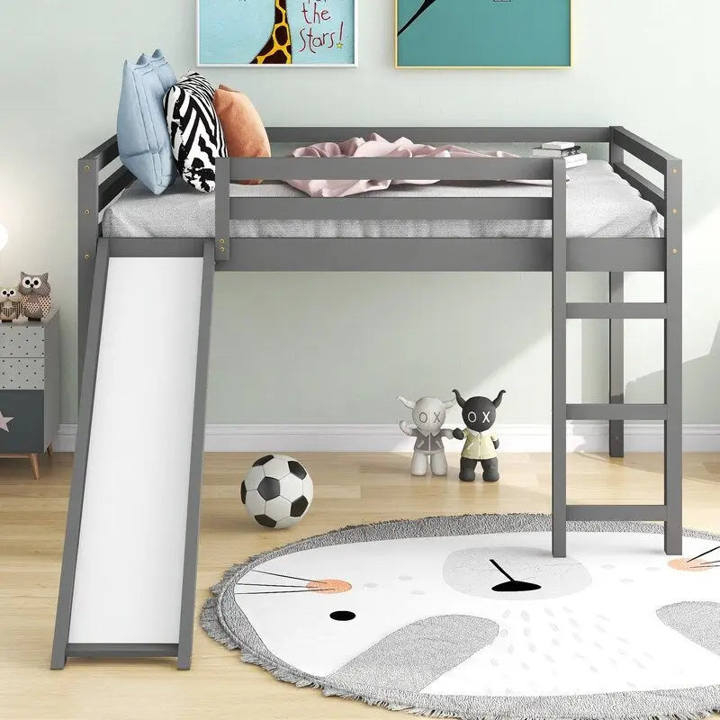Lit mezzanine pour enfants avec toboggan, taille double, cadre de lit bas en bois avec échelle et espace spacieux en dessous, pour garçons et filles