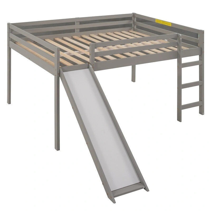 Lit mezzanine pour enfants avec toboggan, taille double, cadre de lit bas en bois avec échelle et espace spacieux en dessous, pour garçons et filles