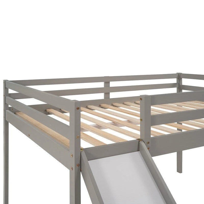 Lit mezzanine pour enfants avec toboggan, taille double, cadre de lit bas en bois avec échelle et espace spacieux en dessous, pour garçons et filles