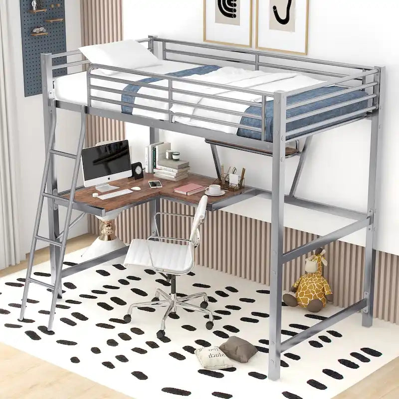 Lit mezzanine métallique une place avec bureau et étagère en L