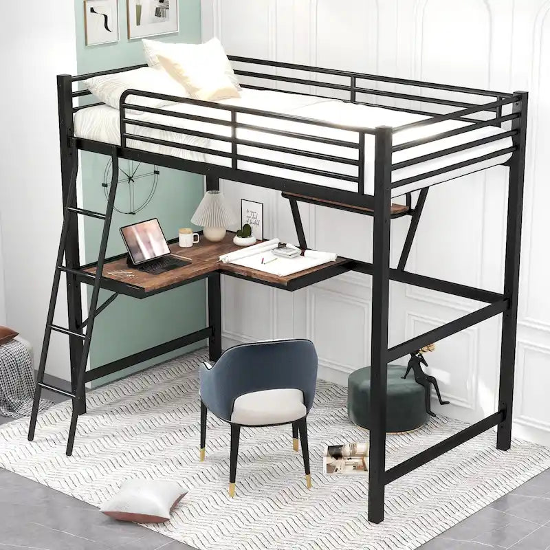 Lit mezzanine métallique une place avec bureau et étagère en L